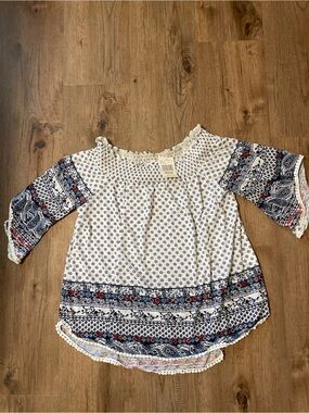Crave Fame White Smocked Off-Shoulder Top with Navy Floral Print